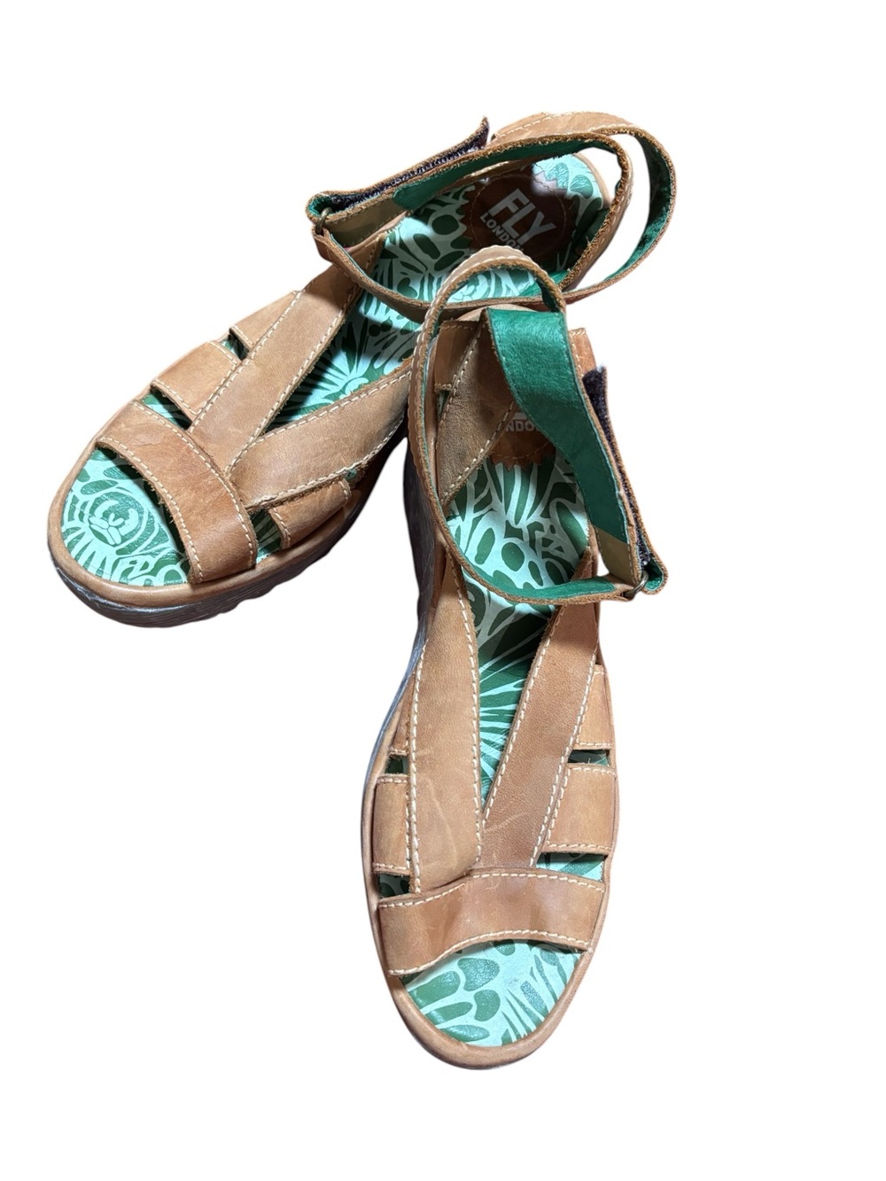 Fly London Tan Leather Sandals with Teal Printed Insole Size 38